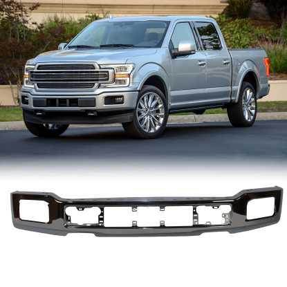 صورة مصد أمامي من الكروم الفاخر لفورد F-150 موديلات 2018-2020 مع فتحات مصابيح الضباب