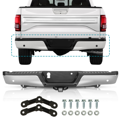 صورة لفورد F-150 موديلات 2015-2020، وصلة سحب مع فتحات ركن، مجموعة مصد خلفي من الكروم