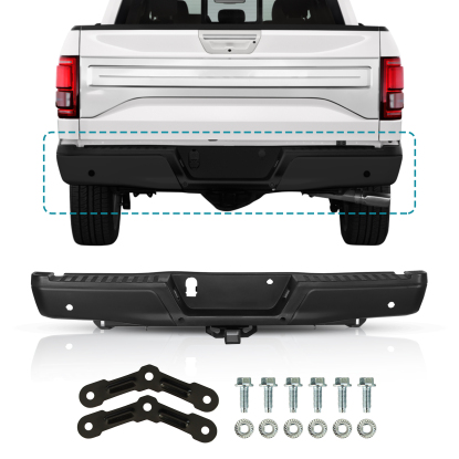 صورة مجموعة المصد الخلفي الأسود لفورد F-150 موديلات 2015-2020 مع وصلة سحب قصوى وفتحات مستشعر