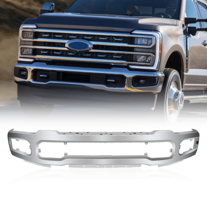 صورة المصد الأمامي من الفولاذ لطرازات 2023-2024 F250 F350 كروم مع فتحات مصابيح الضباب