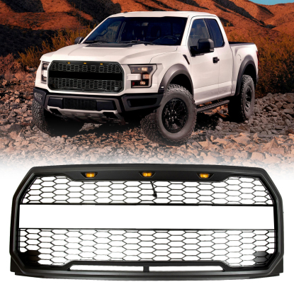 صورة شبكة أمامية لسيارة فورد F-150 موديلات 2015-2017 مزودة بمصابيح LED وأسلاك، شبكة رمادية