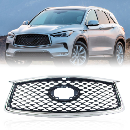 صورة شبكة أمامية علوية من الكروم الأسود تناسب سيارة إنفينيتي QX50 موديلات 2019-2023 مع خيار الكاميرا