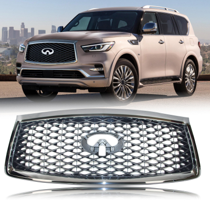 صورة شبك أمامي لسيارة إنفينيتي QX80 موديلات 2018-2021 مع إطار كروم بفتحة كاميرا