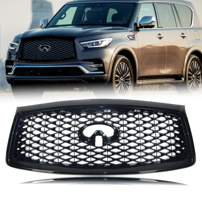 صورة شبكة أمامية لسيارة إنفينيتي QX80 موديلات 2018-2021 مع فتحة كاميرا باللون الأسود اللامع