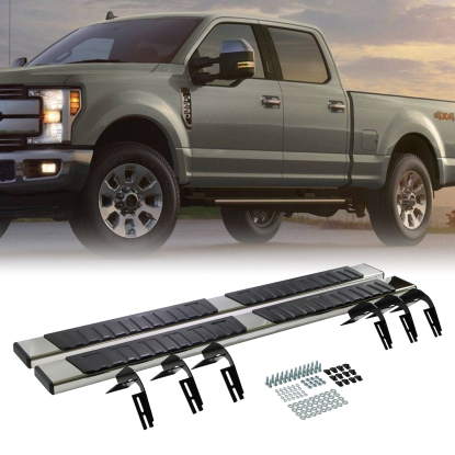 صورة عتبات جانبية لسيارات فورد F 250/F 350 موديلات 99-16، كابينة طاقم، 4 أبواب، فولاذ، يسار ويمين